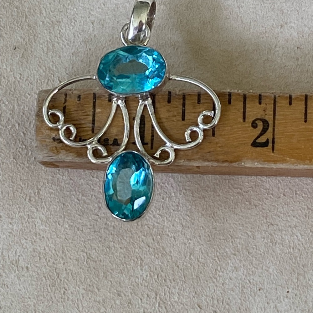 Pendant Silver and Faceted Blue Topaz Angel Handmade 1.5 inches x 2 1/4